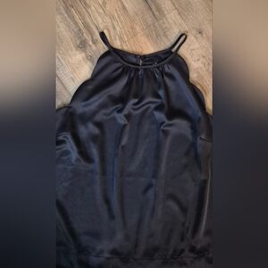 Monteau Black Satin Tailored Blouse. Scalloped Accent.